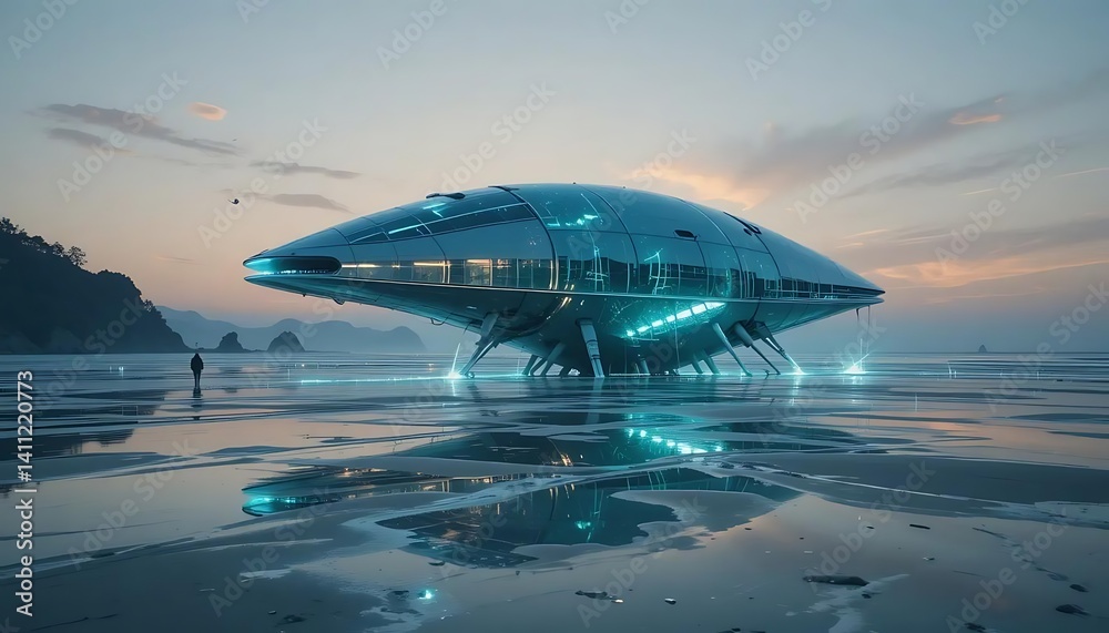 Futuristic Spaceship on Tranquil Beach: A Serene Sci-Fi Scene Futuristic Spaceship on Tranquil Beach: A Serene Sci-Fi Scene