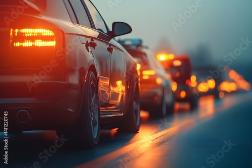 Tow truck transporting vehicle on highway at sunset with city lights and wet road reflections