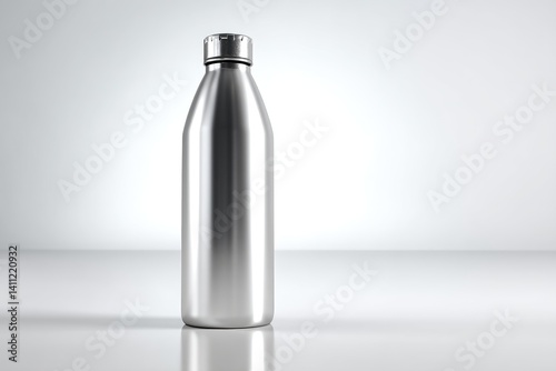 Stainless steel water bottle on a reflective surface.
