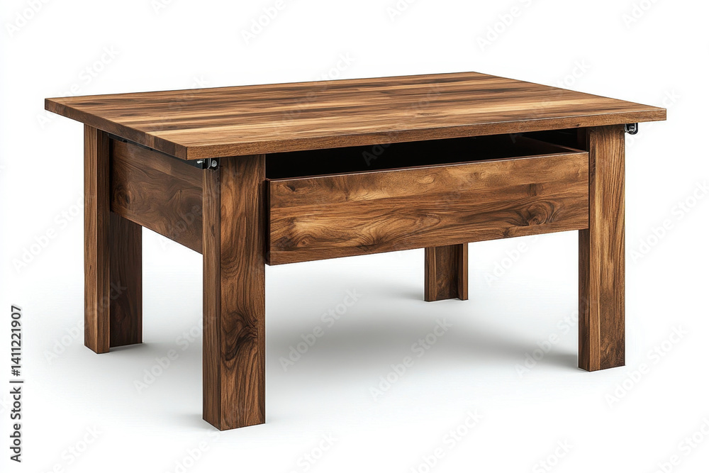 Walnut coffee table with drawer, books neatly stacked, a green plant in a white pot, and a black smartphone placed on the table. Walnut coffee table with drawer, books neatly stacked, a green plant in a white pot, and a black smartphone placed on the table.