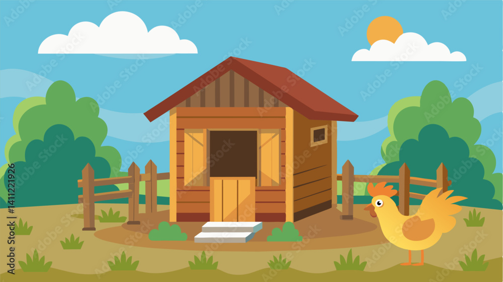 The barren chicken coop stood eerily empty no longer echoing with the sounds of clucking hens and crowing roosters.. Vector illustration