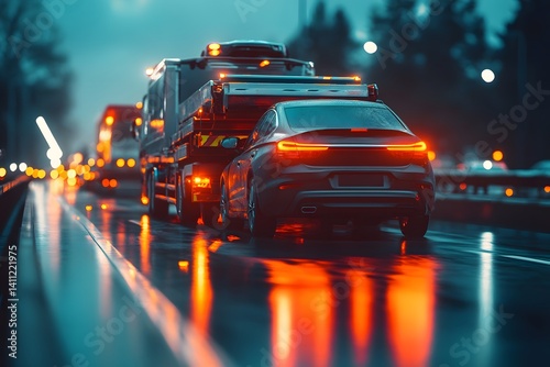 Tow truck transporting vehicle on highway at sunset with city lights and wet road reflections