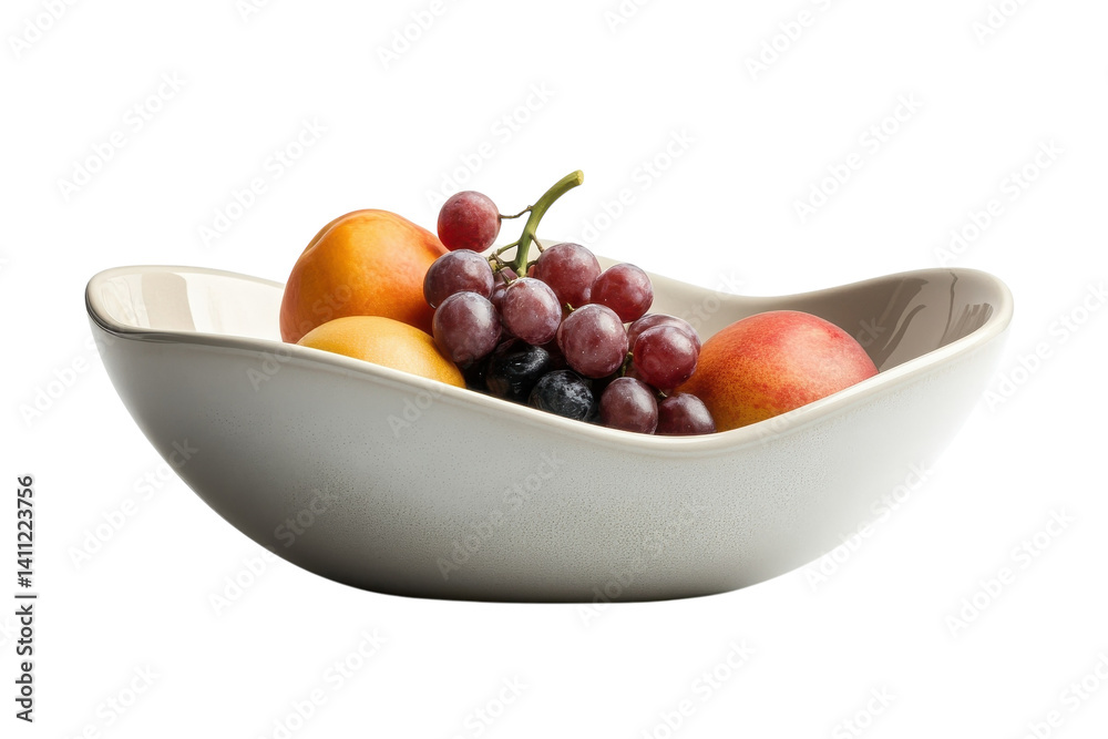 Elegant off white ceramic bowl filled with fresh peaches and grapes on transparent background Elegant off white ceramic bowl filled with fresh peaches and grapes on transparent background