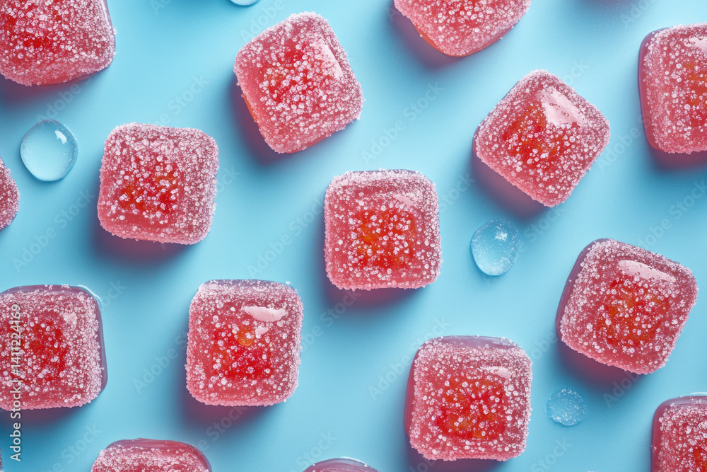 Pink sugar cubes on a blue background, creating a vibrant and playful contrast. Pink sugar cubes on a blue background, creating a vibrant and playful contrast.