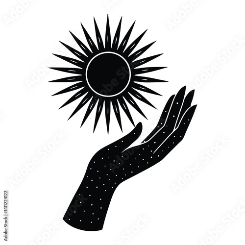 A hand releasing the sun on white background