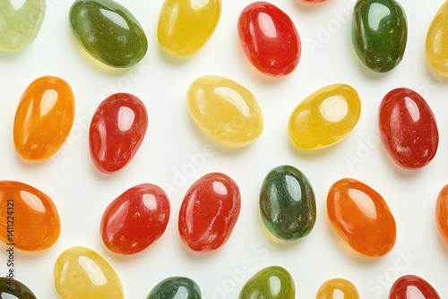 Colorful assortment of jelly beans spilling out of a glass jar onto a white table, creating a vibrant and sweet display.