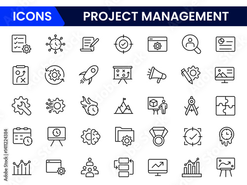 Project management banner website icon vector illustration concept with icon of human resources, risk, scope, cost, communication, time and procurement on white background