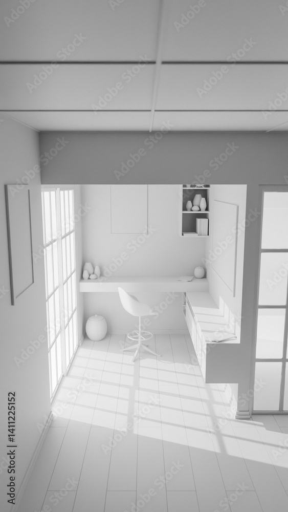 A Japanese style room with a desk and chair, a window, and a shelf. The room is well lit and has a minimalist design premium photo 3d render A Japanese style room with a desk and chair, a window, and a shelf. The room is well lit and has a minimalist design premium photo 3d render