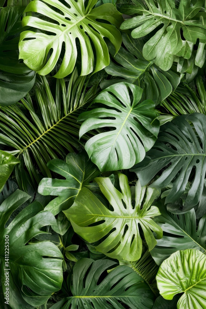 Fototapeta premium Lush green monstera leaves nature background botanical composition indoor environment close-up view organic aesthetics