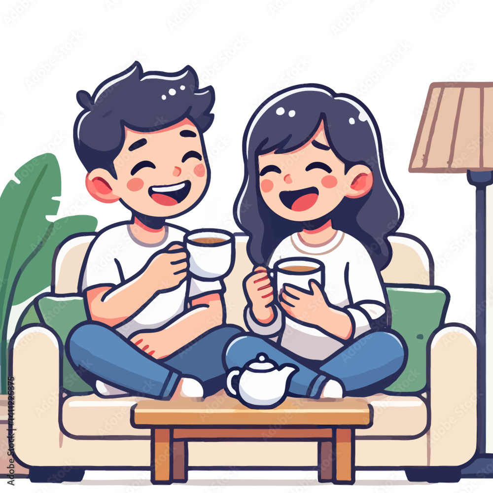 Happy Couple Enjoying Tea on the Sofa Relaxing in Cozy Home Interior Happy Couple Enjoying Tea on the Sofa Relaxing in Cozy Home Interior