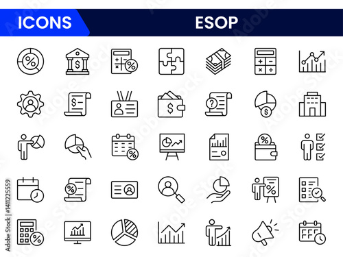 A set of line icons related to ESOP. Employee, plan, ownership, stock, profit, and so on. Outline icon collection