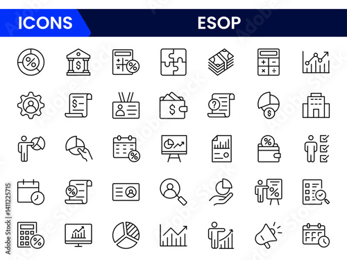 A set of line icons related to ESOP. Employee, plan, ownership, stock, profit, and so on. Outline icon collection