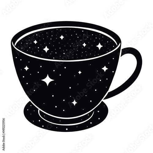 A starry sky inside a teacup on white background