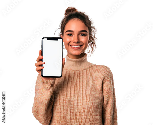 Obraz na płótnie Young woman smiling and showing screen phone w salonie
