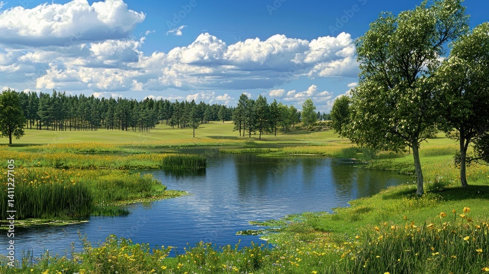 Fototapeta premium Serene Lakeside Meadow: A Summer's Day Panorama