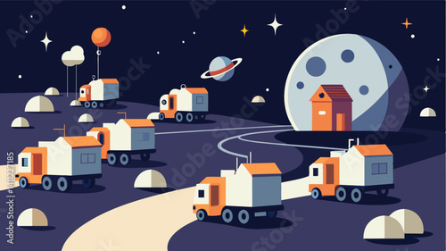 On the outskirts of the lunar colony a fleet of eVTOLs could be seen zooming in and out of newly constructed buildings keeping the flow of people and goods moving smoothly.. Vector illustration