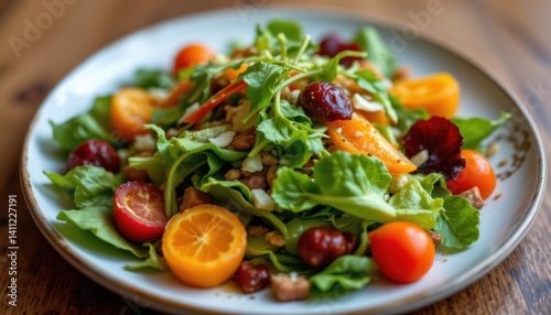 The elegantly plated gourmet meal featured a composed salad as the main course, with a blend of fresh, seasonal ingredients creatively arranged to create a harmonious balance of flavors and textures