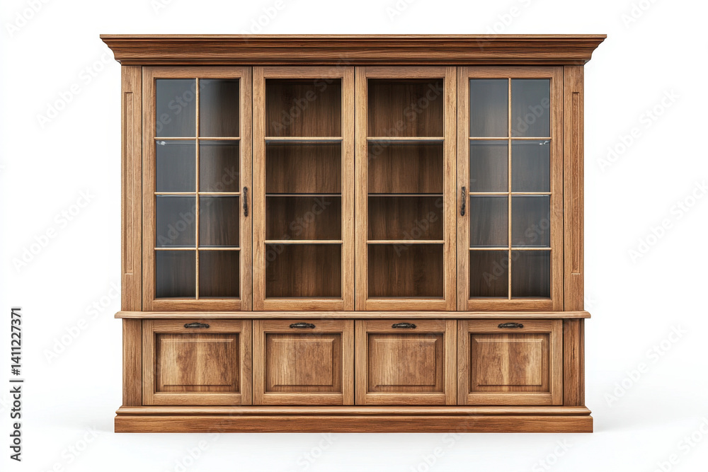 Obraz premium Large oak display cabinet with glass doors showcasing a collection of colorful antique teapots under soft lighting, adding a touch of elegance to the room.