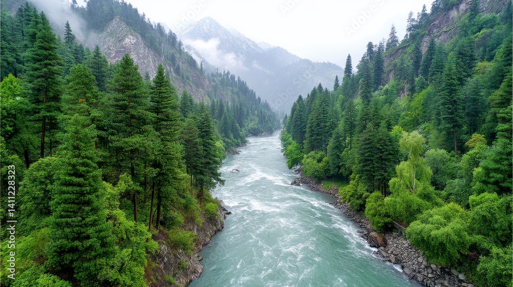 Obraz premium Fast Flowing River in Lush Green Valley, Mist Covered Mountains