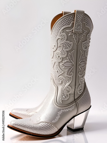rhinestone cowboy boots footwear silver sequin embellished glitter western design steel toe desert arid terrain wild west cowgirl heel heeled knee high festival stagecoach country disco ball mirror