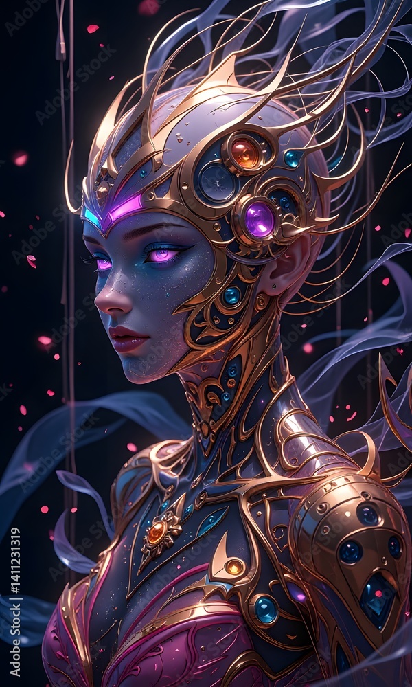 A fantasy woman with glowing eyes and mechanical body armor. A fantasy woman with glowing eyes and mechanical body armor.