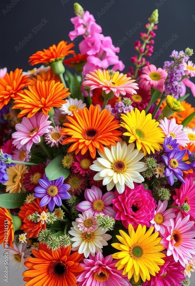 Fototapeta premium Vibrant mixed flowers in a lush, artful bouquet, colorful, blossoms