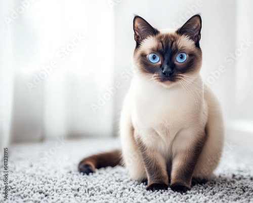 A curious Siamese cat with bright blue eyes sitting on a soft surface, looking intrigued
