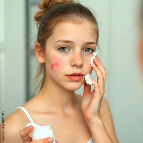 Teen girl with a rash on her face applies cream to her skin in front of a mirror. Allergic reaction, Drug allergy, Scarlet fever, Atopic dermatitis, Diaper rash, Urticaria, Scabies.