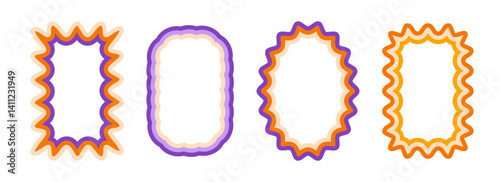 Retro wavy pattern frame set. Scalloped ellipse and rectangle border collection. Wavy edge shapes in 60s or 70s style for text box, copy space, poster, banner. Vintage wiggly element pack. Vector