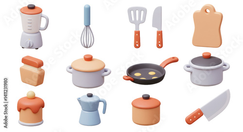 Collection Of 3d Kitchen Utensils Cookware Objects on Transparent Background