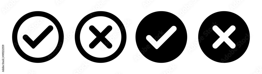 Vector checkmark and cross icon set. Green check and red X icons in circle style. Perfect for UI, apps, forms, websites, and confirmation or error indicators. icon, vector. Vector checkmark and cross icon set. Green check and red X icons in circle style. Perfect for UI, apps, forms, websites, and confirmation or error indicators. icon, vector.