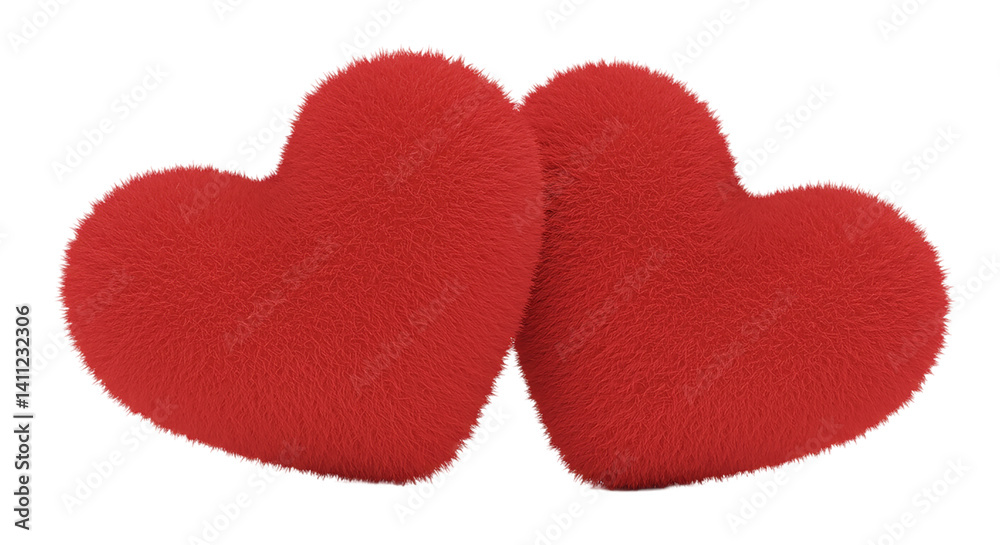 Two red fuzzy heart shaped objects overlapping against a black background for valentines day theme Two red fuzzy heart shaped objects overlapping against a black background for valentines day theme