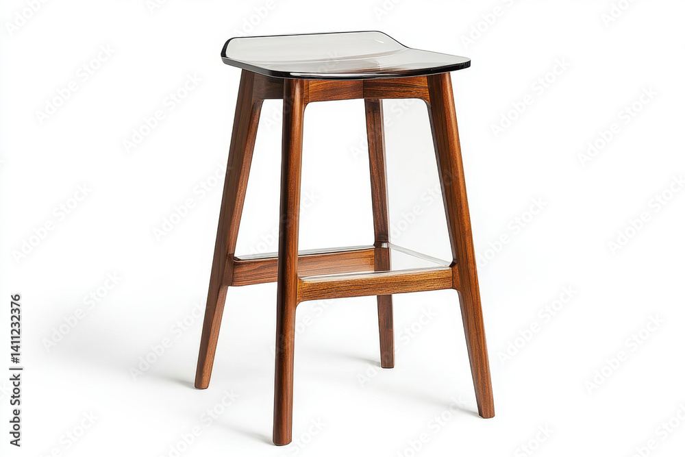 Wooden stool with glass seat. Green plants in background. Natural light casts shadows on floor. Cluttered workspace. Warm and cozy ambiance. Wooden stool with glass seat. Green plants in background. Natural light casts shadows on floor. Cluttered workspace. Warm and cozy ambiance.