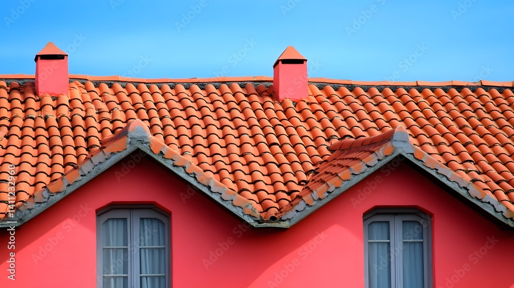 Red Roof House with Two Windows and Chimneys Sunny Day Red Roof House with Two Windows and Chimneys Sunny Day