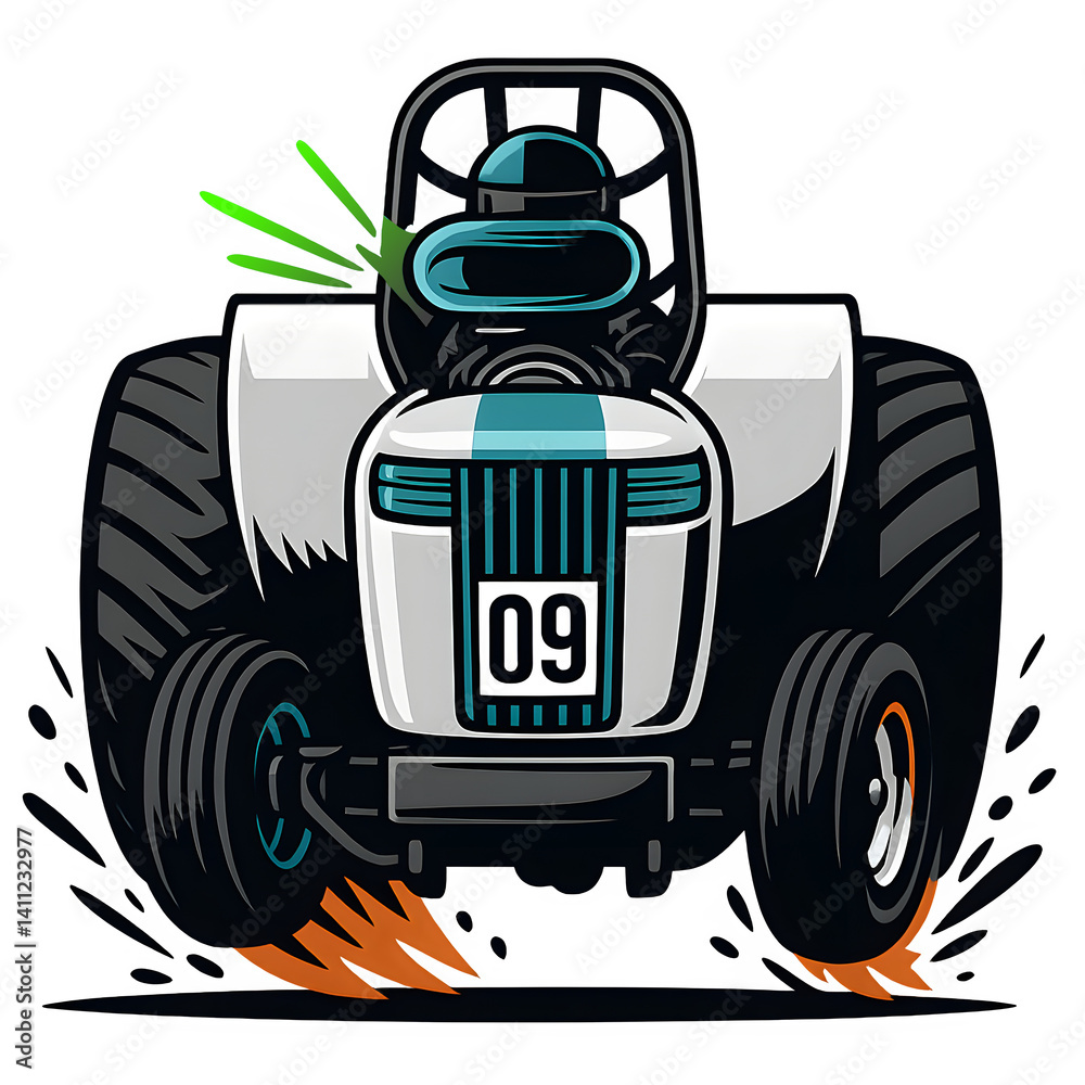 Fototapeta premium Weißer Comic-Traktor mit Startnummer 09 und neonblauen Akzenten