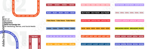 illustrator brush set of repetitive Bold Text Design for Marketing, Memes, and Social Media. Blah Blah Blah, News News News, Sale Sale Sale, Buy Now, Wow Wow Wow.