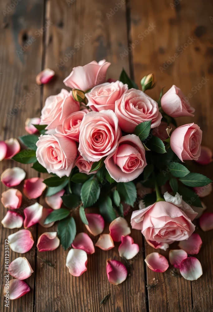 A rustic bouquet of blush roses and scattered petals on aged wood, flower arrangement, still life A rustic bouquet of blush roses and scattered petals on aged wood, flower arrangement, still life