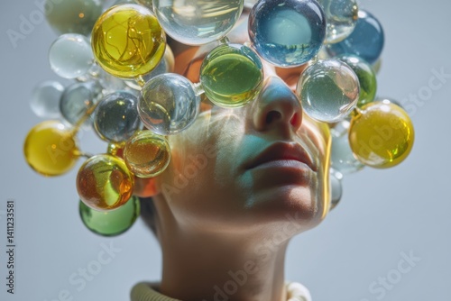 surrealist Person with colorful spheres as a headpiece, creating an artistic look.