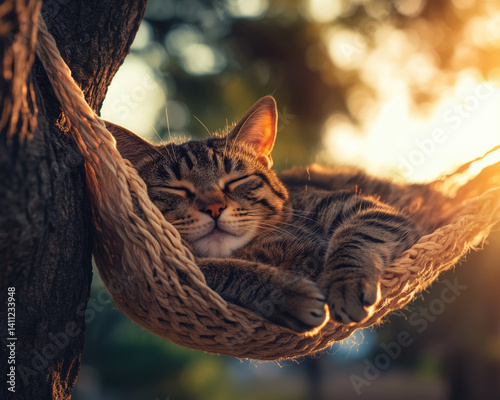 A tabby cat napping in a hammock under the shade of a tree, enjoying a peaceful rest