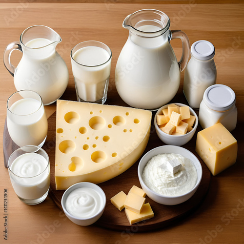 Foods high in lactose with structural chemical formula of lactose Lactose is a disaccharide milk sugar molecule Assortment of dairy products rich in lactose Cow milk yogurt cheese