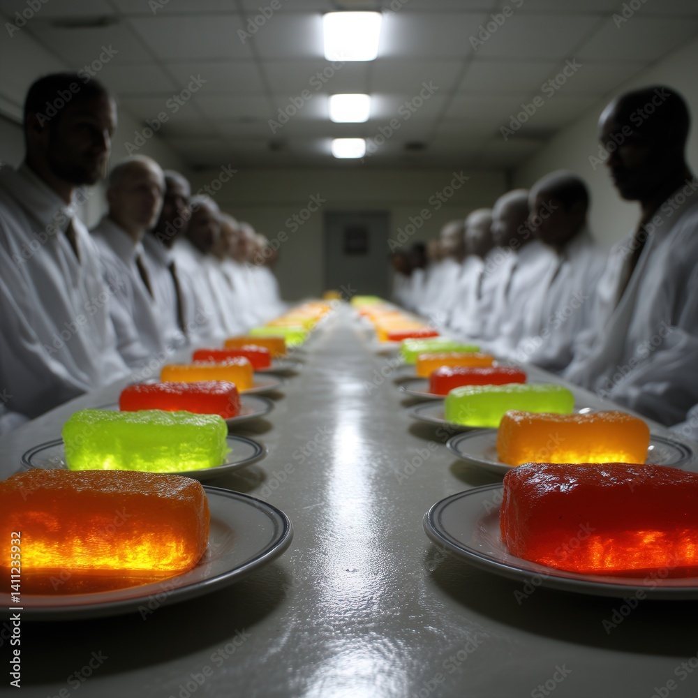 Faceless figures dine on emotion-shaped synthetic meals—joy, fear, love—suspended mid-air in a surreal feast exploring post-human consumption and identity.