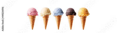 Colorful ice cream cones ready to enjoy, PNG, created with Generative AI