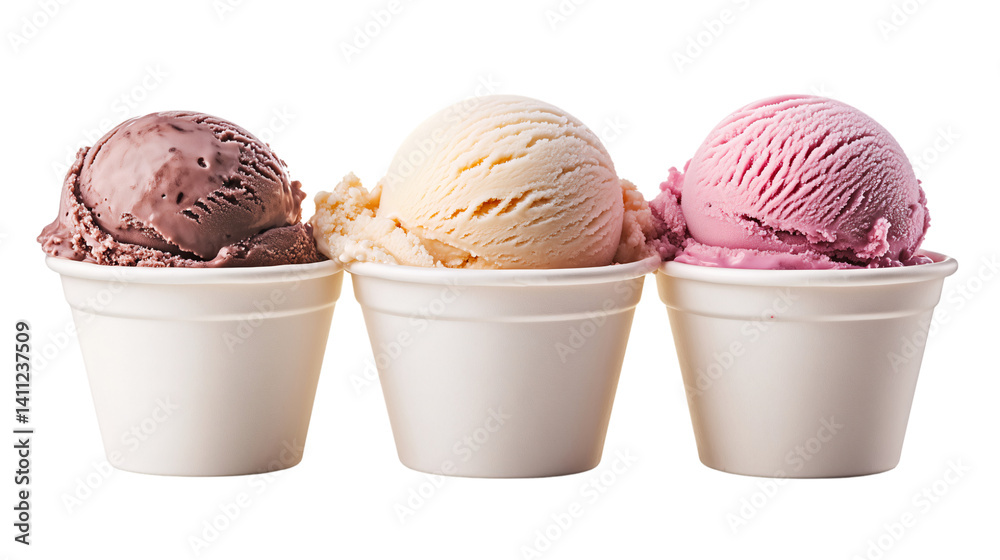 Three cups of distinct ice cream flavors, PNG, created with Generative AI