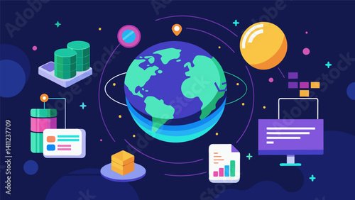 An animated visualization of global data streaming around a virtual world.. Vector illustration