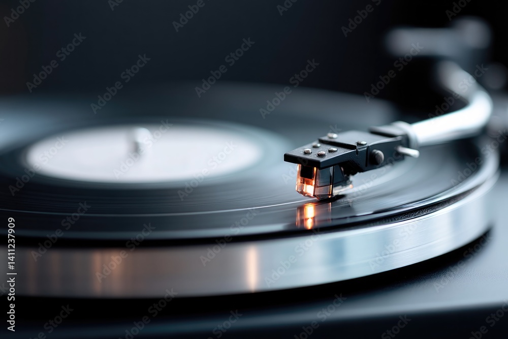 vinyl record close-up with needle resting on grooves reflected light glinting off surface vinyl record close-up with needle resting on grooves reflected light glinting off surface