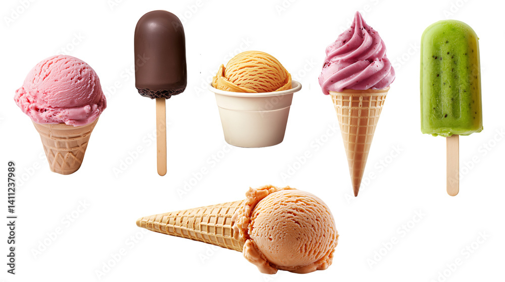 Six unique ice cream varieties await, PNG, created with Generative AI