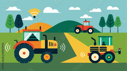 Selfdriving tractors and equipment performing tasks around the farm without the need for human intervention.. Vector illustration