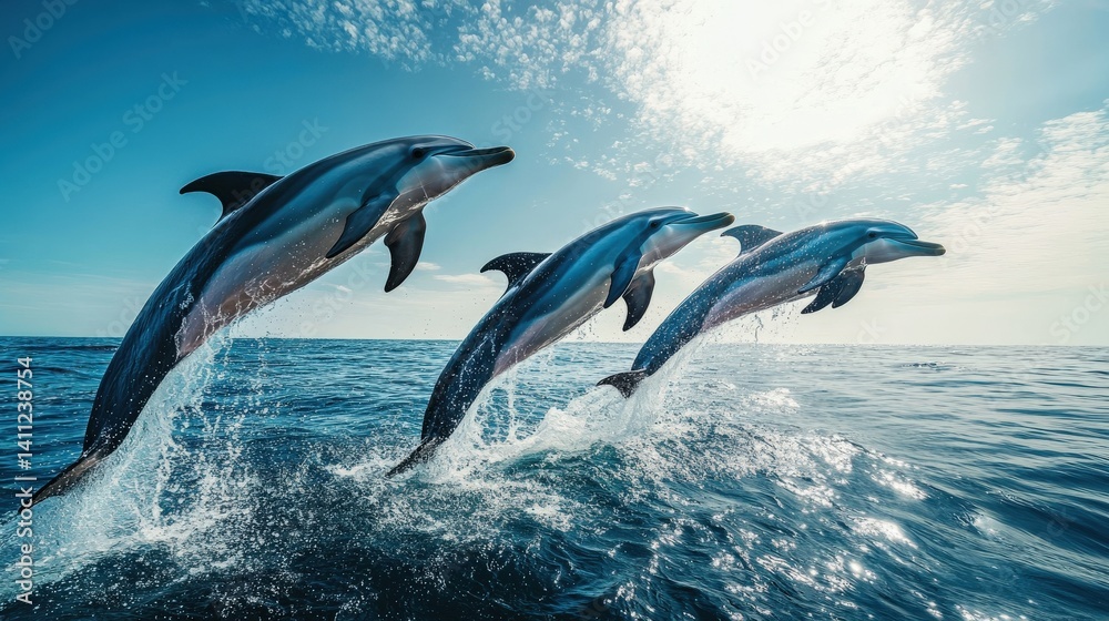Fototapeta premium Three dolphins are leaping gracefully through the ocean water together