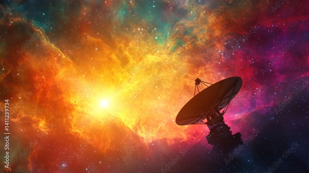 Cosmic Exploration: Radio Telescope Amidst a Vibrant Nebula Cosmic Exploration: Radio Telescope Amidst a Vibrant Nebula