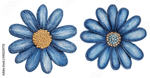 blue denim flowers, isolated on white background